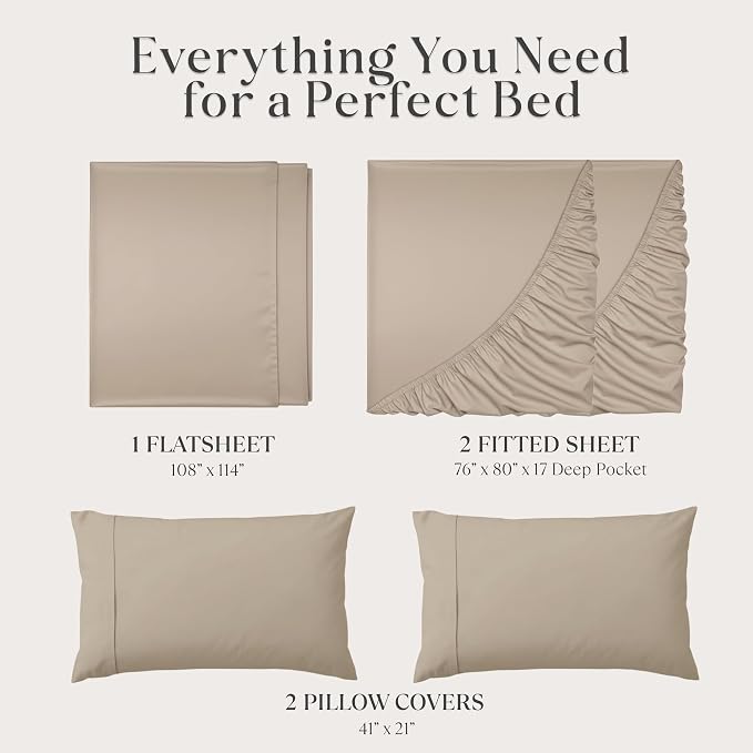 Delilah Home 100% Organic Cotton Split King Bed Sheet set, GOTS & Vegan.org Verified, Long Stem 300 TC Sateen Bedding Non-Synthetic, Deep Pocket Fitted Linen, Lightweight, All-Season, 4 Pieces - Beige