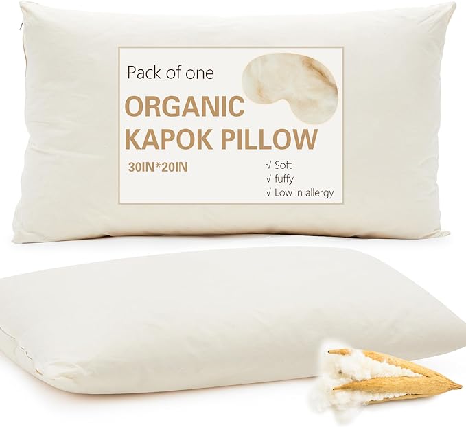 Leinuosen 1 Pack Organic Kapok Pillow 30" x 20" Natural Kapok Fiber Filled Sleeping Pillows with Breathable Cotton, Adjustable Height Soft and Supportive for Sleeping(Minimalist)