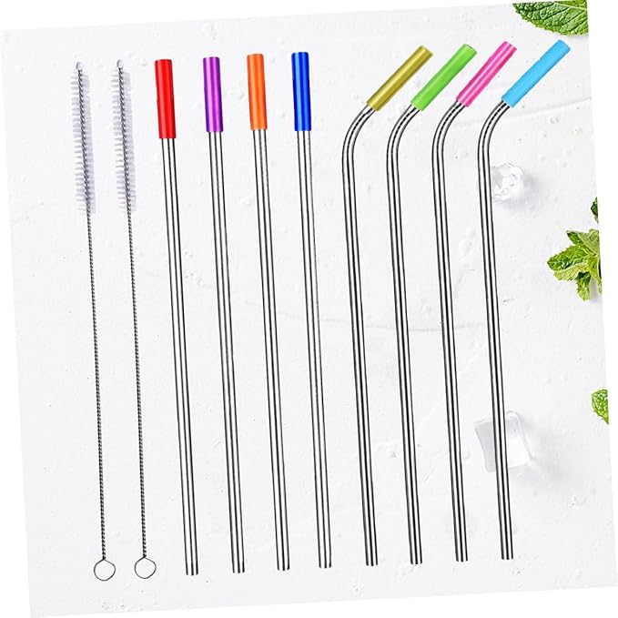 Unomor 8-Piece Reusable Stainless Steel Drinking Straws Set 304 Food-Grade Steel with Silicone Tips for Smoothies Bubble Tea Includes Straight and Curved Straws with Cleaning Brush