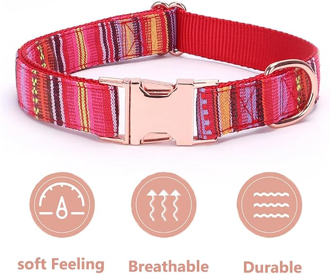 Dog Collar and Leash Set for Dogs Walking Bohemia Ethnic Style | Soft Durable Nylon Adjustable Collar with Metal Buckle 5ft Matching Leash with Padded Handle for Small Medium Large Dogs