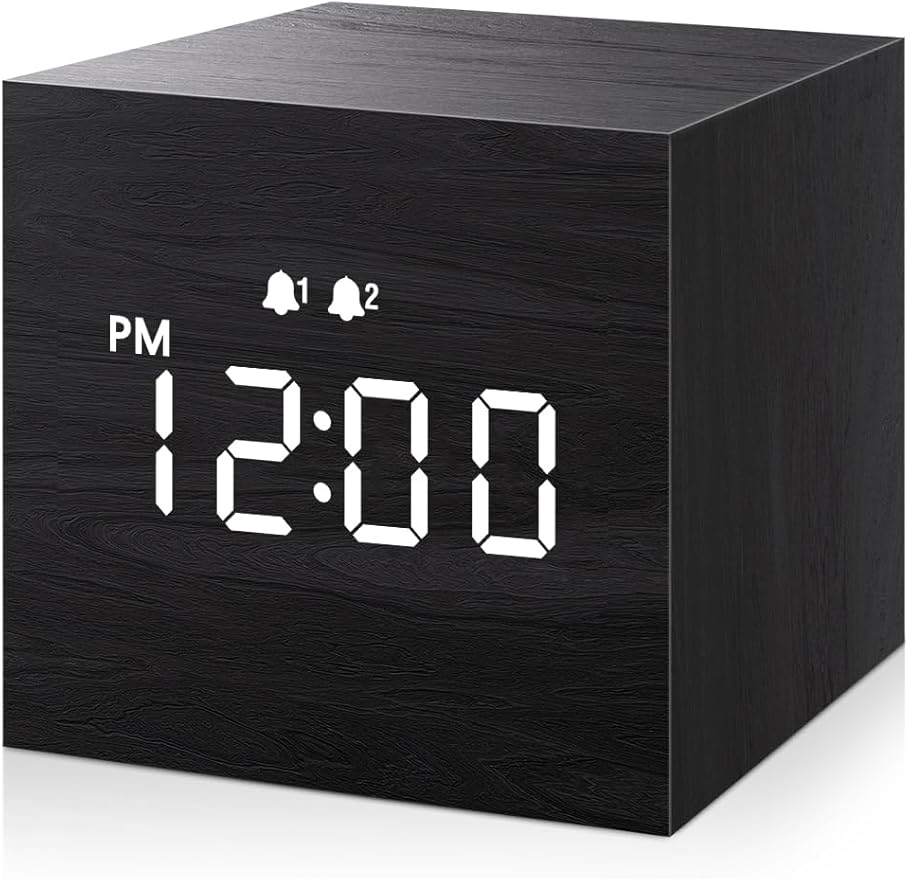 JALL Digital Alarm Clock, with Wooden Electronic LED Time Display, 3 Alarm, 2.5-inch Cubic Small Mini Wood Made Electric Clocks for Bedroom, Bedside, Desk, Black