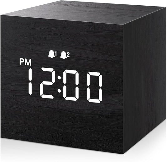 JALL Digital Alarm Clock, with Wooden Electronic LED Time Display, 3 Alarm, 2.5-inch Cubic Small Mini Wood Made Electric Clocks for Bedroom, Bedside, Desk, Black