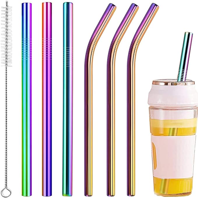 Vinaco Reusable Smoothie Straw, 0.4'' Extra Wide Stainless Steel Straw 10.5'' & 8.5'' Long colorful Straws, 6 Pack Metal Straw with 1 Reusable Straw Brush Cleaner for Milkshake, Smoothie, Bubble tea