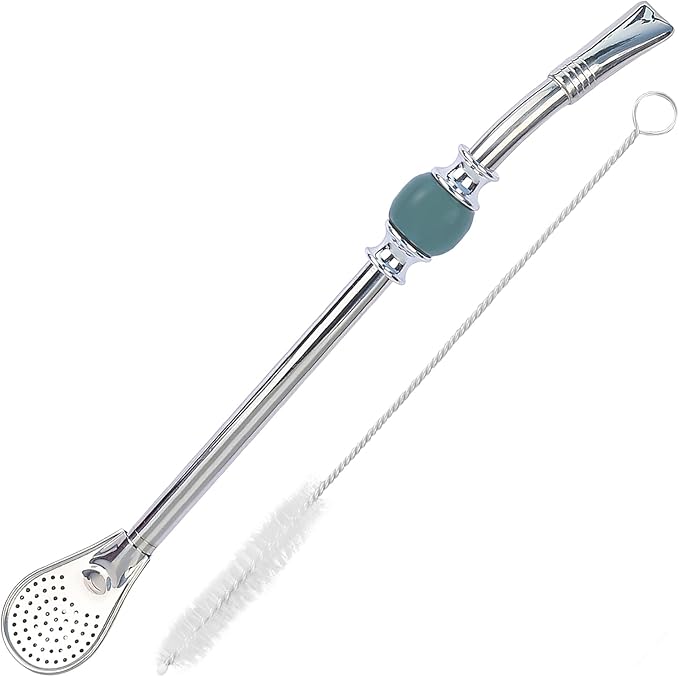 Premium Yerba Mate Straws, Reusable Stainless Steel Bombilla Straw with Colorful Beads - Set for Mate Gourd Drinking, Removable Head Filter (Ash Green)