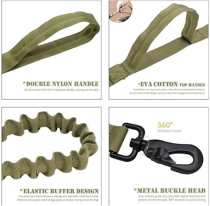 Tactical Dog Collar and Leash Set Adjustable Military Nylon Dog Collar with Control Handle and Heavy Duty Metal Buckle for Large Dogs（Green S