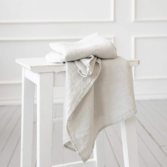 LinenMe Set of 2 Washed Waffle Linen Hand Towels, 20 by 28"-inch, Silver, Prewashed, 100% European Linen