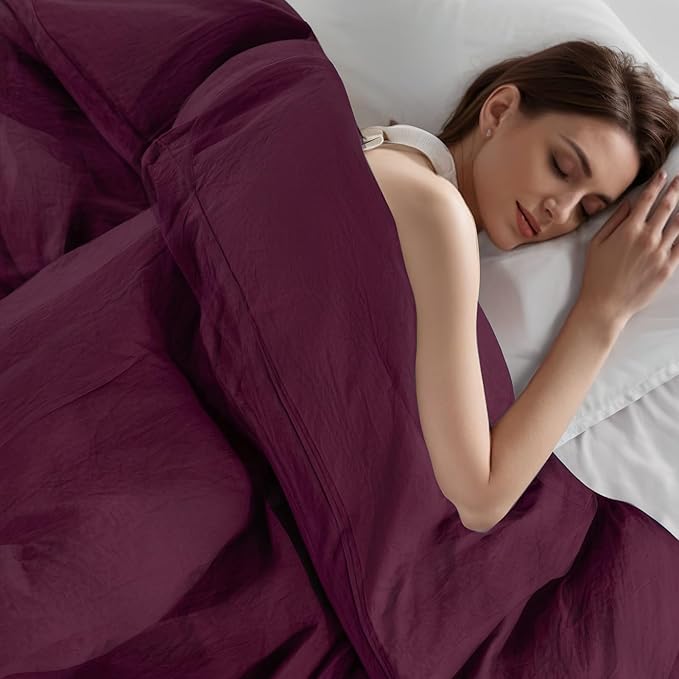 NEXHOME PRO 100% Washed Cotton Duvet Cover Full Size, Ogranic Natural Linen Feel Breathable Bedding Set with Zipper Closure, 3 Pieces Duvet Cover Set Wine (No Comfortert) 8090