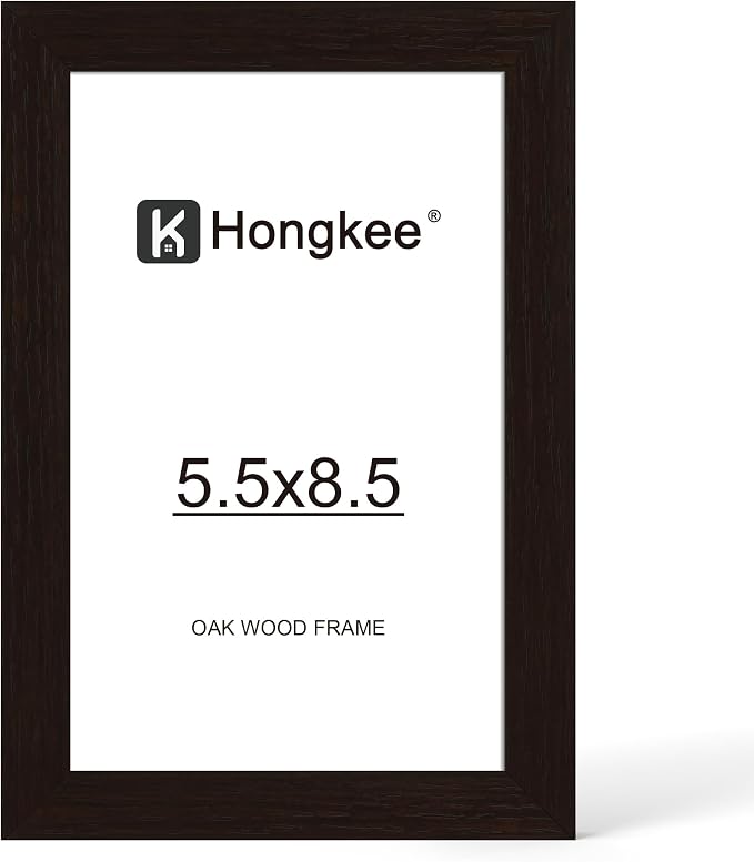 Hongkee 5.5x8.5 Oak Wood Picture Frame (1 Pack, Black) Real Glass Cover | 5.5 x 8.5 Solid Wood Frame for Wall or Tabletop Display - Includes Easel Back, Vertical Hang - Ideal for Home, Office