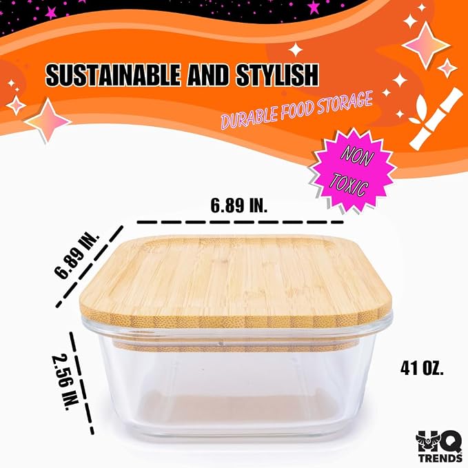 HQ Glass Container/Containers with Natural Brown Wooden Bamboo Lid Eco Friendly Storage Airtight 41 oz Square Baking Dish for Cooking Kitchen Storage Refrigerator Boxes Bakeware for Kitchens 1200 ML