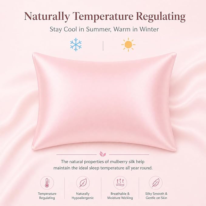 Oeko-TEX Certified Pink Silk Pillowcase for Sleeping Women Made in USA, 22 Momme Real Mulberry Silk Pillow Cases with Zipper, 6A Grade 100% Organic, Beauty Boost, 1 Pc 20"x26" (Standard, Pink)