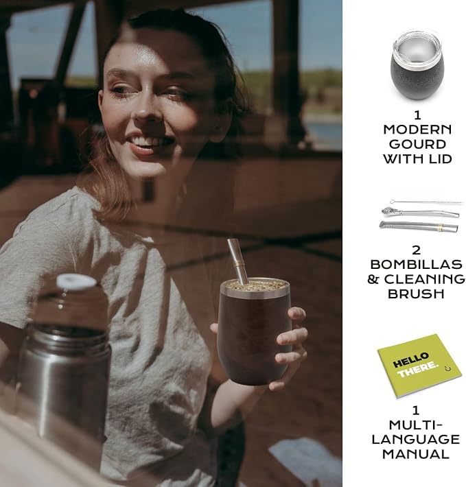 BALIBETOV 5-Piece Large Yerba Mate Cup and Bombilla Kit – Yerba Mate Gourd with Lid, 2 Bombilla Mate Straws, Cleaning Brush, Double-Wall Stainless Steel Mate Cup Set