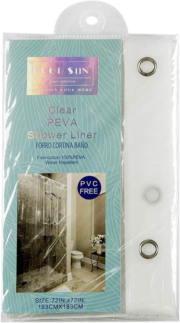 PEVA Antimicrobial PVC Free Shower Curtain Liner, Size:72”x72”, Color: Clear, Transparent