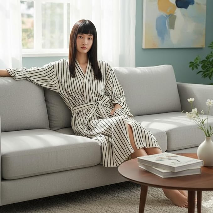 Cotton Terry Stripe Bathrobe For Women And Men,Luxury Kimono Soft Terry Cloth Robe,Comfortable Loungewear Nightwear