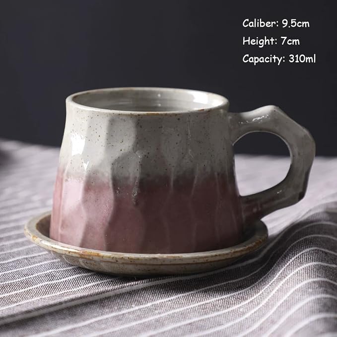 Vintage Faceted Speckled Ceramic Coffee Mug with Saucer, Rustic Stoneware Cup for Tea Latte (YF-CS02)