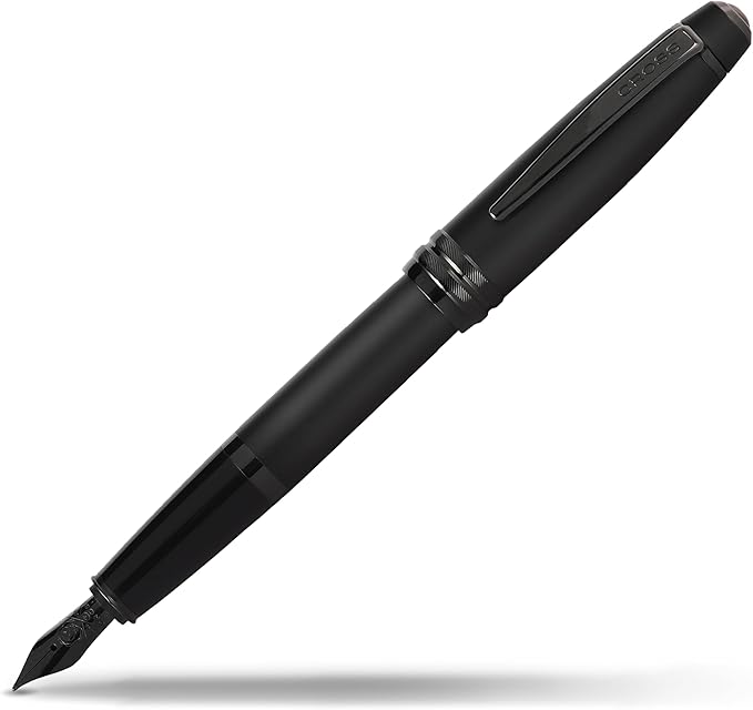 Cross Bailey Matte Black Lacquer Stainless Steel Fine Nib Fountain Pen - Professional Fountain Pen for Effortless Writing - Refillable - Black Ink - Gift-Ready