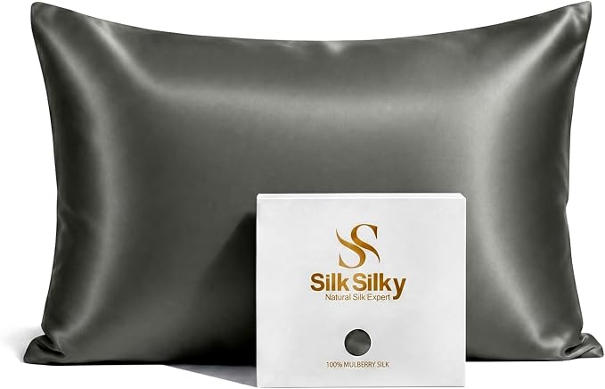 SilkSilky Luxury 30 Momme 100% Pure Organic Mulberry Silk Pillowcase for Hair & Skin, Grade 6A+ Silk Pillow Cases with Hidden Zipper, Cooling Silk for Deep Sleep (Standard 20''x26'', Darkgray)