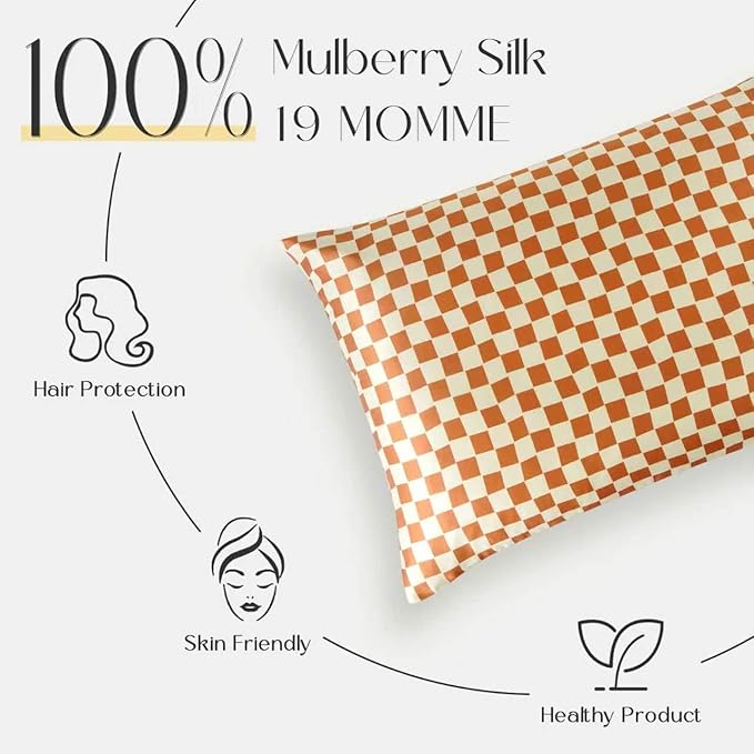 ZIMASILK 100% Pure Mulberry Silk Pillow Cases for Hair and Skin, Soft, Hypoallergenic & Smooth, Both Sides Grade 6A Silk, with Hidden Zipper, Gift for Women Men, 1pc (Queen 20"x30", Checkered)