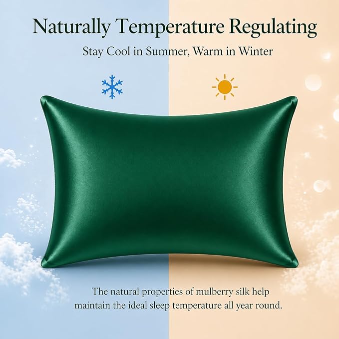 100% Mulberry Silk Pillowcase for Hair and Skin Made in USA, Real 22 Momme King Silk Pillow Cases with Zipper, Organic, 6A Grade, Washable, Anti Acne, 1 Pc 20"x36" (King, Emerald)