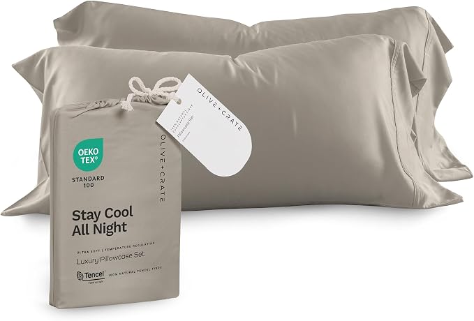 Olive + Crate Tencel Eucalyptus Pillowcases - 100% Tencel Lyocell Cooling Pillow Cases for Hot Sleepers - Hypoallergenic, Moisture-Wicking, Silk Alternative, Vegan - King Size Set of 2 [Taupe Sand]