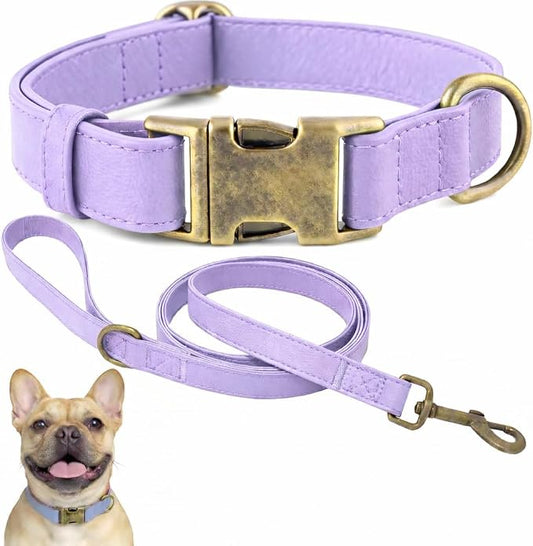Silicone Dog Collar and Leash Set, Waterproof & Odor-Proof Puppy Collar for Small Dogs, Soft Flexible Leather-Look Dog Collars, Durable Thick Adjustable Pet Collar (Purple, Medium (12.5-20" Neck))