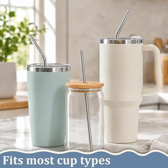 16 Pack Reusable Stainless Steel Metal Straws: 4 Straight 8.5" + 4 Bent 8.5" + 4 Straight 10.5" + 4 Bent 10.5", with 4 Cleaning Brushes, Dishwasher Safe for 20 24 30 oz Tumblers