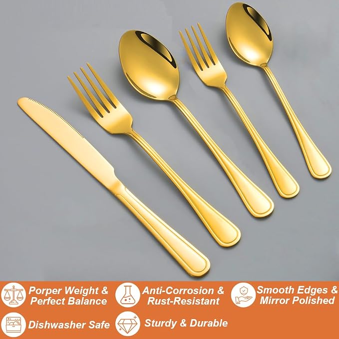 20 Pcs Gold Silverware Set for 4, Food Grade Stainless Steel Flatware Set, Eating Utensils Sets Include Fork/Knife/Spoon, Reusable Cutlery Set for Home Kitchen, Dishwasher Safe, Double-stripe