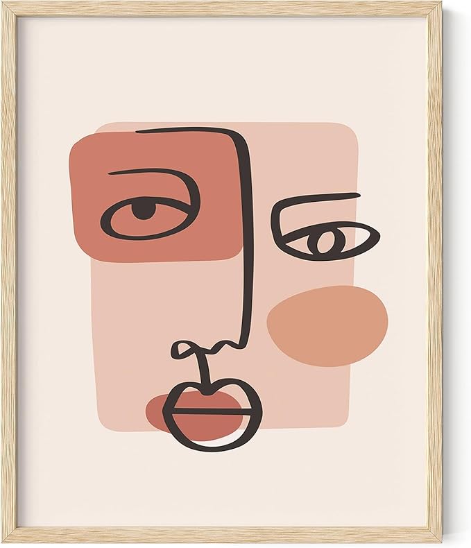 Abstract Face Wall Art Continuous Line Drawing Organic Shapes Earth Tones Terracotta Mid Century Modern 16x20 Inch Oak Wood Beige Framed Minimalist Portrait for Bedroom Decor