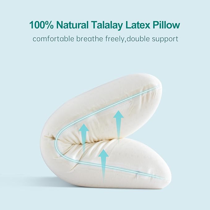 100% Natural Talalay Latex Pillow Sleeping Bed Pillows, Extra Soft Luxury Queen Pillow, Perfectly Aligns for Side/Back Pain, Stomach, Neck, Removable Breathable Cotton Cover (1, Queen (Mid Loft))