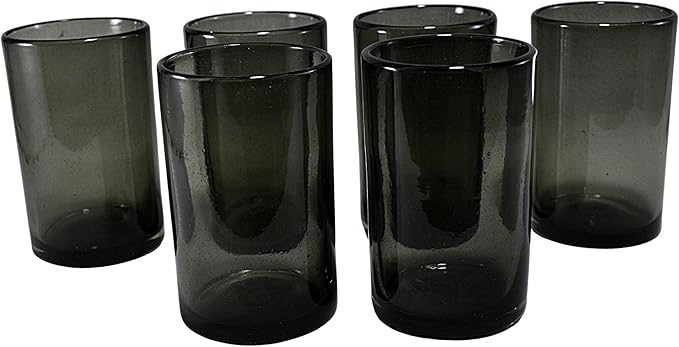 MAREY Hand Blown Drinking Glasses Artisan Crafted from Mexico Set of 6 pieces (Smoke, Water 16 Oz.)