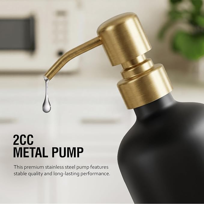 MOMEEMO Black and Gold Soap Dispenser for Kitchen Sink, Hand and Dish Soap Dispenser Set with Ceramic Tray, Suitable for Black and Gold Kitchen Decor. (Black & Gold)