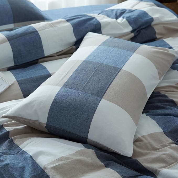 FACE TWO FACE Bedding Duvet Cover Set100% Washed Cotton Duvet Cover Linen Like Textured Breathable Durable Soft Comfy (King, Blue and White Grid)