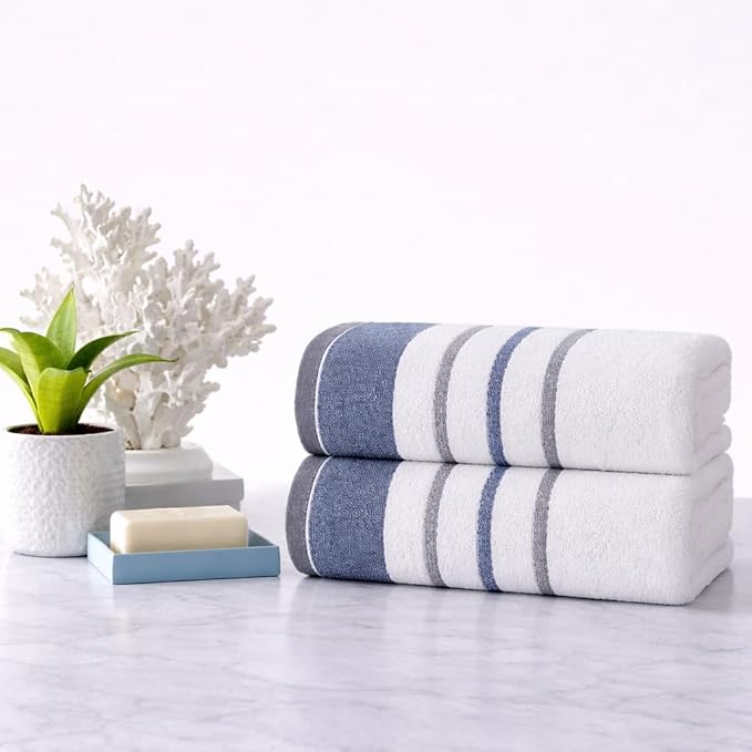 CASA COPENHAGEN White Bay 2Pcs 100% Egyptian Cotton Large Designer Bathsheet Towels Gift Set- Grey - Blue, 600GSM, 35"x70" 2Bath Sheet Towels for Bathroom (Gift Set for Women & Men)