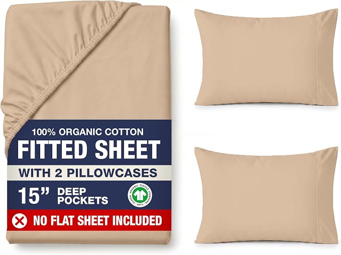 LANE LINEN 100% Organic Cotton Fitted Sheet Queen (+Pillowcases), Soft & Comfy Breathable Naturally Cooling Low Pill Oeko Tex Certified Queen Deep Pocket 15" - Taupe