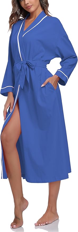 COLORFULLEAF 100% Cotton Women's Robes Summer Lightweight Kimono Soft Long Cotton Bathrobe for Women with Pockets