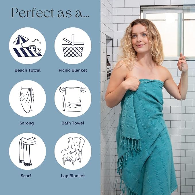 InfuseZen Stonewashed Turkish Cotton Bath and Beach Towel - Teal Green/Blue | 100% Organic, Thin, Soft, Lightweight, Absorbent, Quick-Drying, Large Peshtemal, Sand-Resistant for Shower, Pool, Spa, Travel