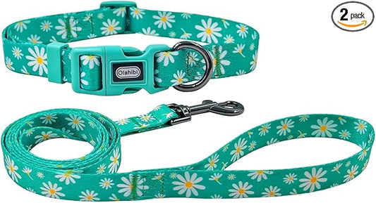 Dog Collar Leash Set, Floral Pattern, Polyester Material, Adjustable Collar and 5ft Matching Leash, for Medium Dogs.(M, Green Daisy)
