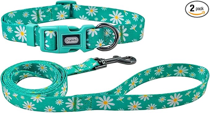 Dog Collar Leash Set, Floral Pattern, Polyester Material, Adjustable Collar and 5ft Matching Leash, for Small Dogs.(S, Green Daisy)