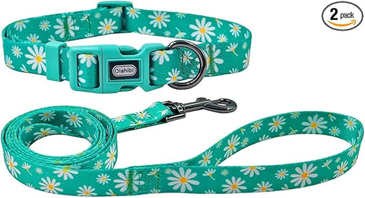Dog Collar Leash Set, Floral Pattern, Polyester Material, Adjustable Collar and 5ft Matching Leash, for Small Dogs.(S, Green Daisy)