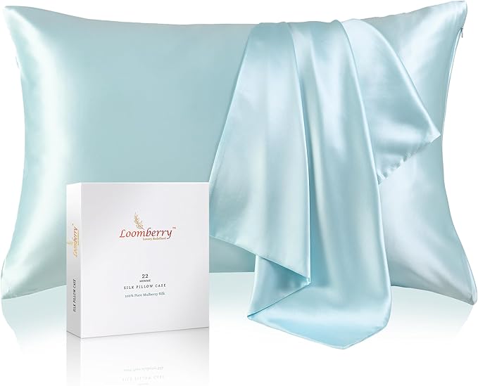 100% Pure Mulberry Silk Pillowcase for Hair and Skin, 6A Grade 22 Momme Silk Pillow Cases with Zipper, Soft Cooling Washable Both Sided Silk Pillow Cover (Aqua Blue, Queen 20''x30'')