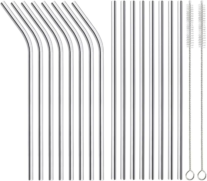 ANNVCHI 16 Pack of Reusable Stainless Steel Metal Straws, 8 Straight + 8 Bent 8.5 inch Metal Straws with 2 Cleaning Brushes, Straw Compatible with 20oz Stanley Cup