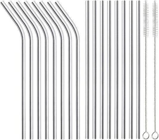 ANNVCHI 16 Pack of Reusable Stainless Steel Metal Straws, 8 Straight + 8 Bent 8.5 inch Metal Straws with 2 Cleaning Brushes, Straw Compatible with 20oz Stanley Cup