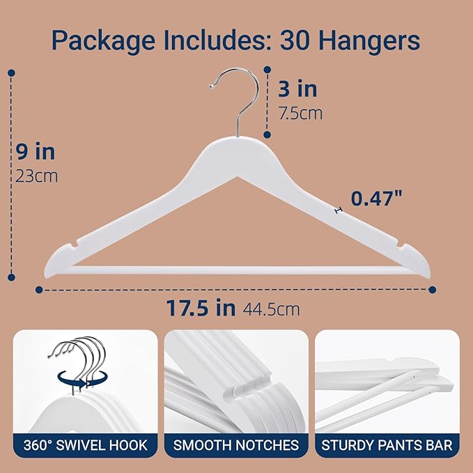 Amber Home 30 Pack White Wooden Coat Hangers, White Wood Suit Hangers with Non-Slip Pant Bar, Clothes Hangers for Closet Organization, Shirts, Jackets, Dresses, and Pants (White, 30)