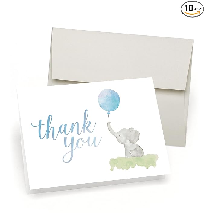 Elephant Baby Shower Thank You Cards - Set of 10 Elephant Thank You Baby Shower Cards With 10 Envelopes - Thank You Cards With Elephants - Designed, Printed and Packaged in the USA by Palmer Street Press (Blue)