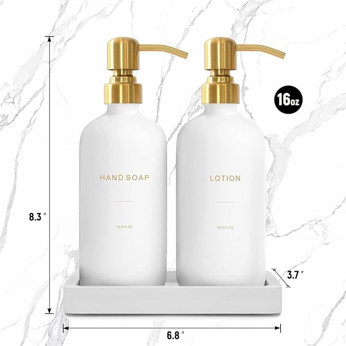 Liquid Dispenser Soap Dispenser Set Glass with Stainless Steel Pump Countertop Soap Bottle(Gold Pump+White Bottle)