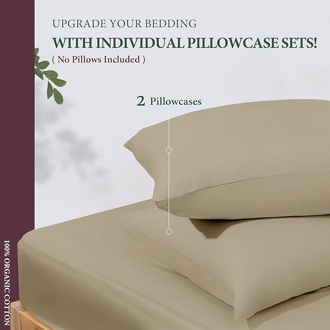 100% Organic Cotton Pillow Cases King Size Set of 2 - Organic Cotton Percale Weave Pillowcases King Size (Taupe), Soft, Cooling, Crisp & Breathable Percale Pillow Covers