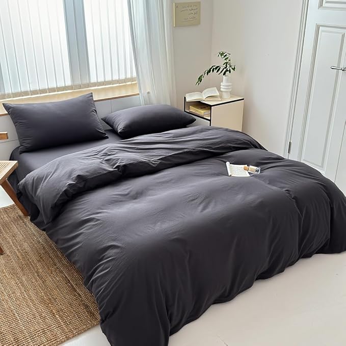 FACE TWO FACE Bedding Duvet Cover Set100% Washed Cotton Duvet Cover Linen Like Textured Breathable Durable Soft Comfy (California King, Volcanic Black)