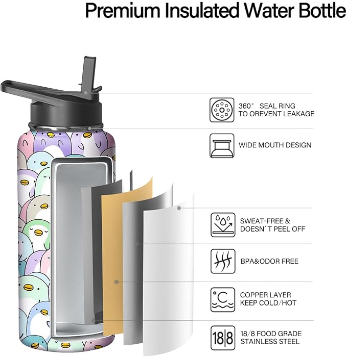 18oz Penguin Water Bottle with Handle and Flip Straw, Animal Sports Stainless Steel Insulated Cup Travel Coffee Mug Tumbler, Birthday Mothers Day Chritmas Gifts for Women