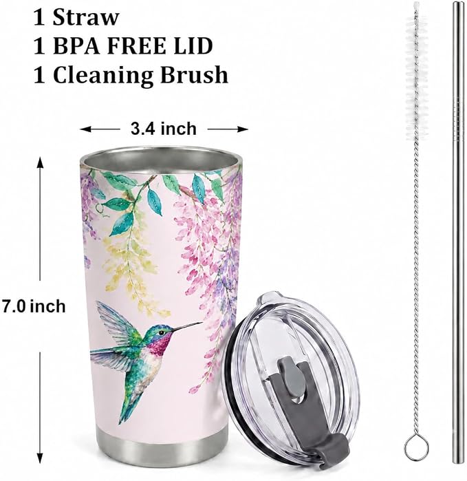 Hummingbird Insulated Tumble, 20oz Stainless Steel Coffee Travel Mug with Lid & Straw, Cute Vacuum Wine Cup, Gift for Women, Girls, Birthday, Christmas and Thanksgiving