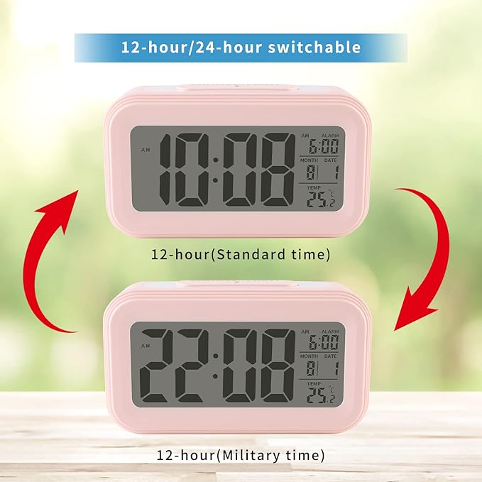 Digital Alarm Clock with Indoor Temperature, Large LED Display, 12/24H, Snooze Mode, Battery Operated Bedside Clock for Bedroom, Heavy Sleepers & Kids