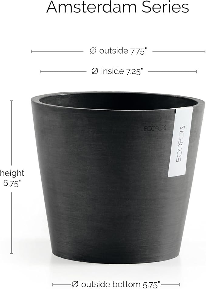 Ecopots Amsterdam Durable Modern Round Indoor/Outdoor Recycled-Based Composite Flower Pot Planter, Dark Grey, 8"